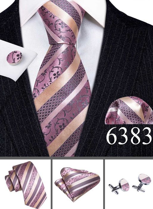 Komplet JEDWABNY Krawat Poszetka Spinki różowy złoty beż