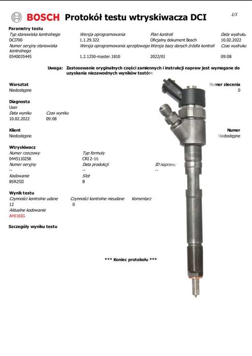 Wtryskiwacz KOMPLET 4szt Bosch 0445.110.258 HYUNDAI KIA 2.0CRDI Tucson