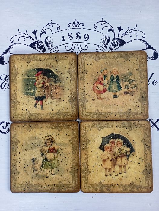 Ozdobne podstawki shabby chic vintage decoupage Prowansja dzieci zima