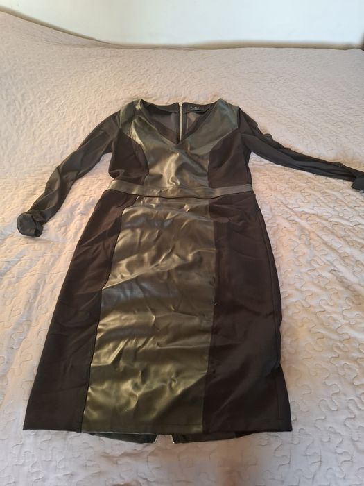 Elegancka sukienka rozmiar L elementami skóry i szyfonu