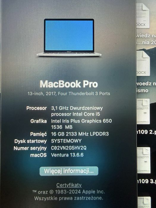 Macbook pro z 2017 model 4,2 13,3 cala