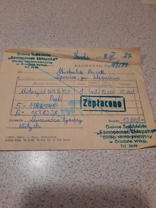 WSK  M06 B3 . Instrukcja obsługi . Rachunki oryginalne  . Motocykl .