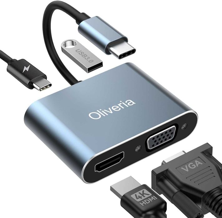 Adaptador Hub USB-C 4 em 1 (HDMI 4K / VGA / USB 3.0 / PD 100W)