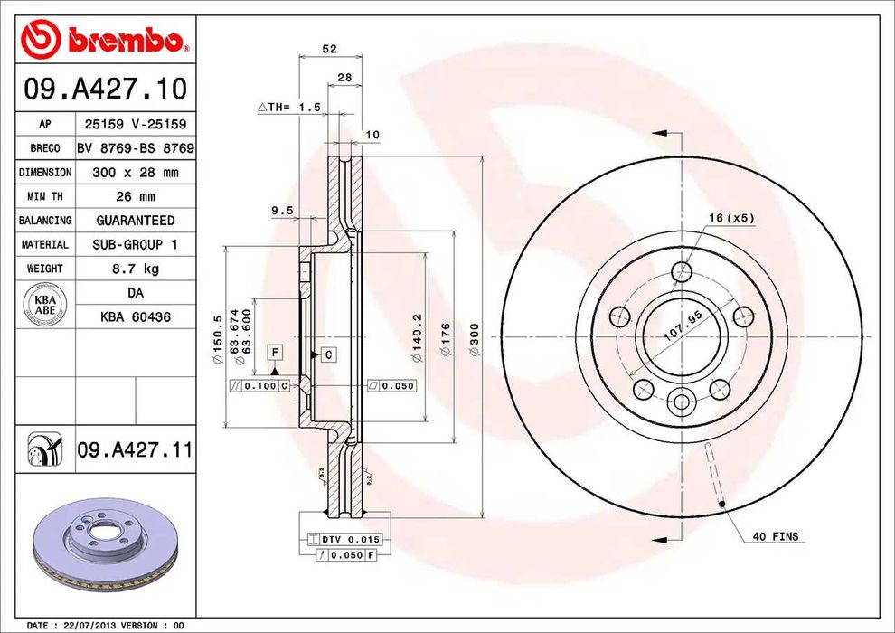 Discos de travão frente Brembo 09.A427.11 (FORD | VOLVO | LAND ROVER)