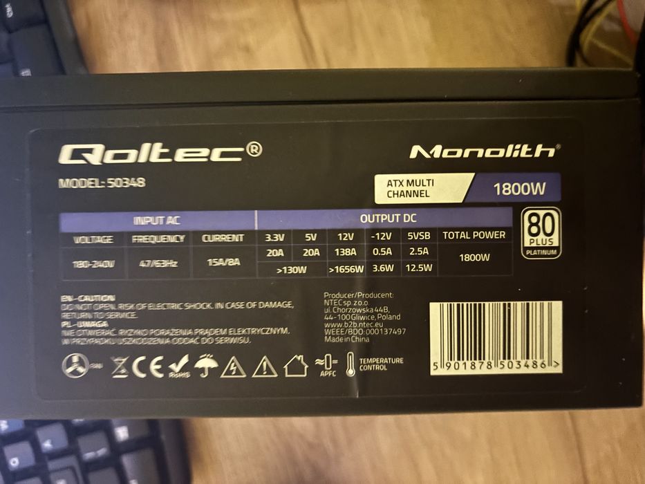 Qoltec Zasilacz ATX 1800W | 80 Plus Platinum