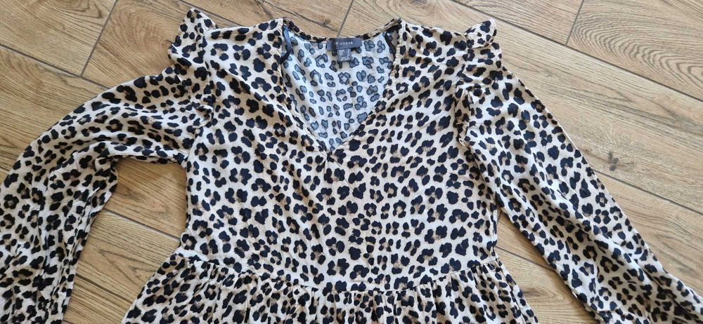 primark sukienka panterka falbanki ramiona 36 s cętki smock luźna boho