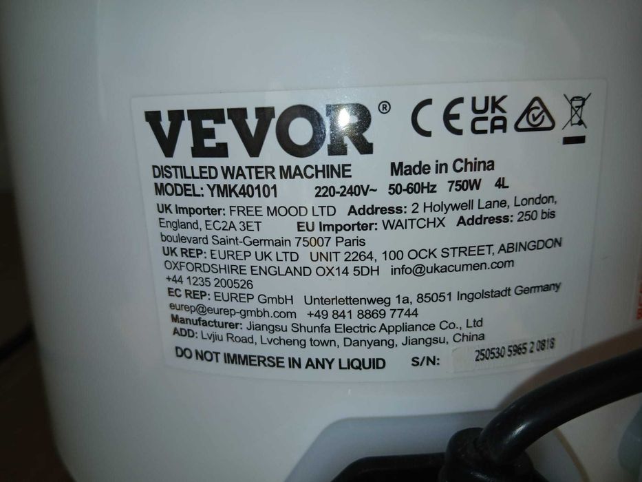Destylator wody VEVOR 4L 750W YMK40101 - sprawny, komplet