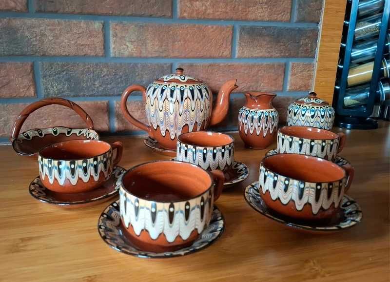 PRL vintage bułgarski ceramiczny  serwis do herbaty ręcznie malowany