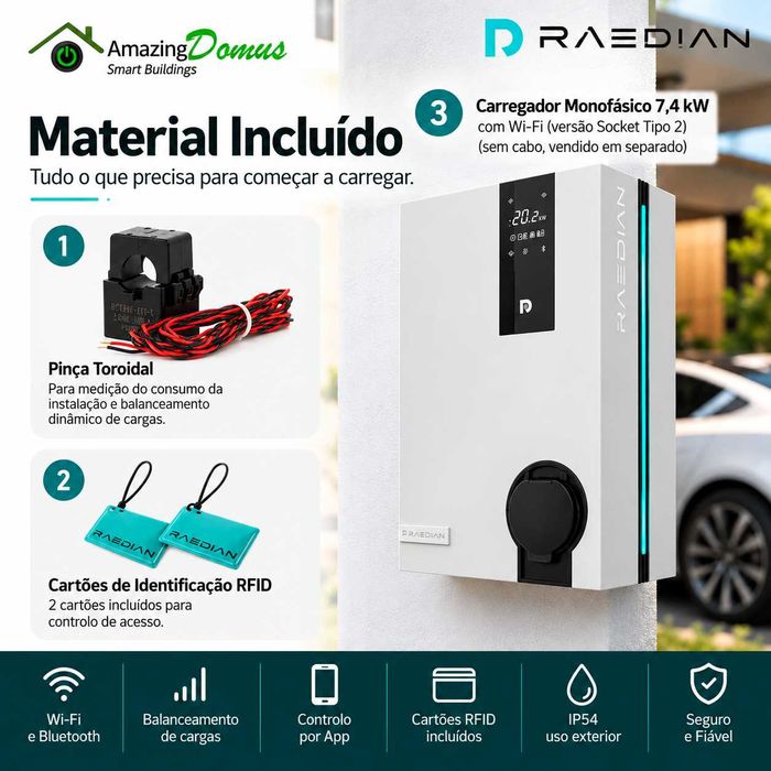 Carregador Raedian Wallbox 7,4kW Monofásico para Veículos Elétricos c/ Balanceamento Dinâmico
