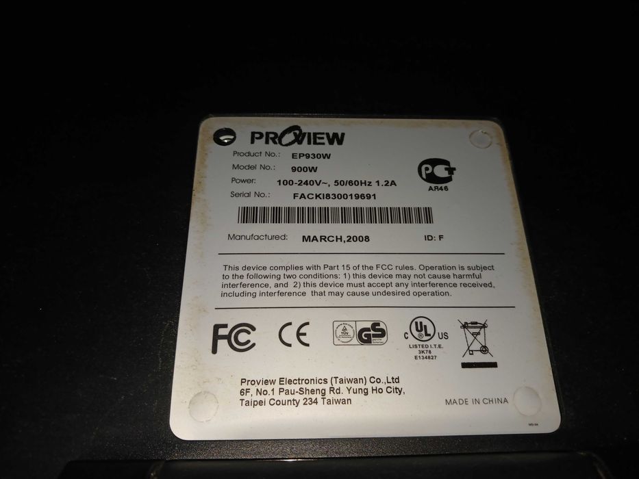 Монітор 19" Proview EP930W Black (б/у), не працює блок живлення