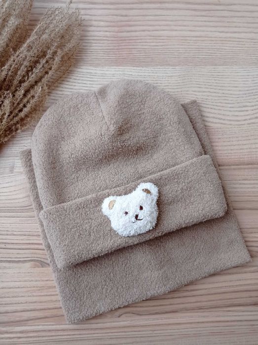 Komplet zimowy, komin i czapka z misiem