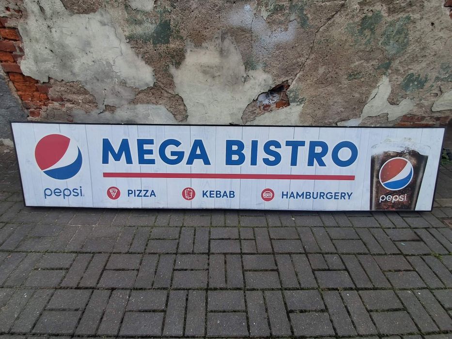 2x duża tablica reklamowa Mega Bistro – szyld Kebab Pizza Pepsi