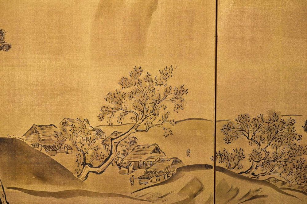 Biombo Japonês com folha de ouro em seda