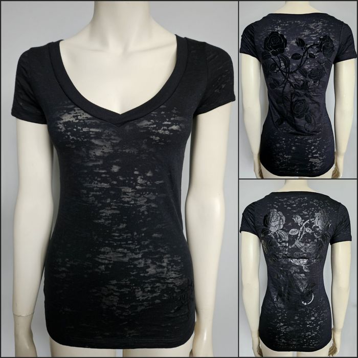 2x Koszulka t-shirt bluzka goth gothic S z dekoltem V burnout velvet