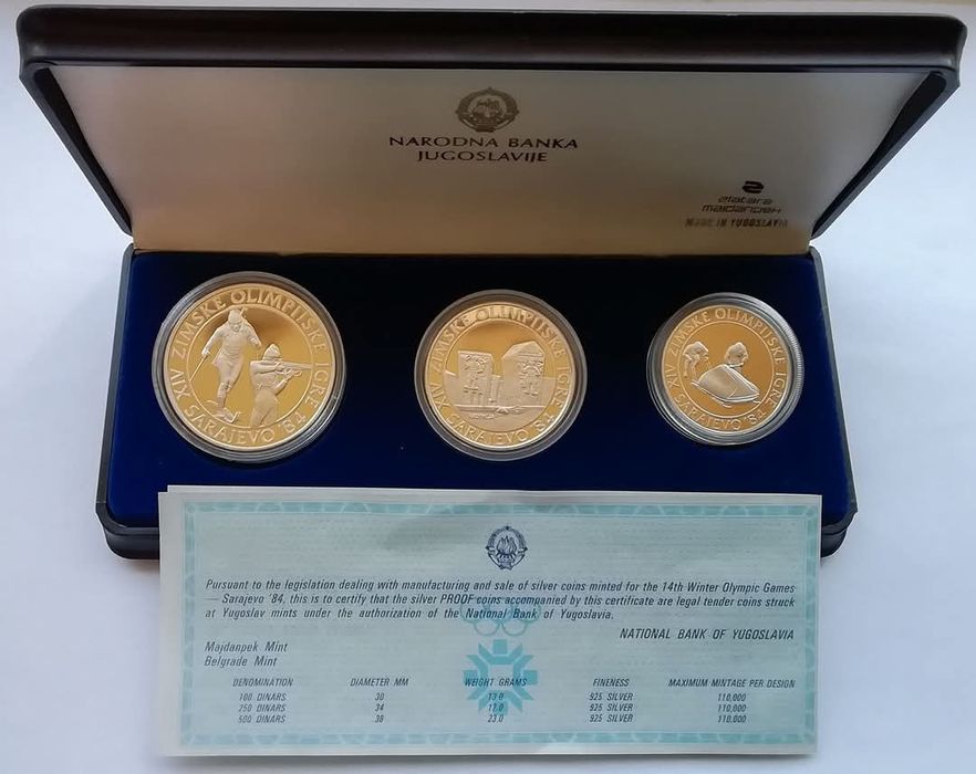 Югославія 100+250+500 динарів 1983р. СРІБЛО. Сертифікат. ПРУФ.