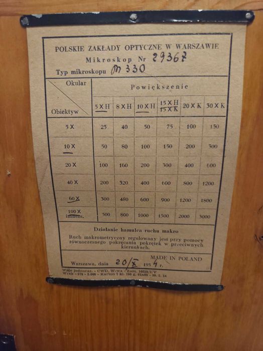 Stary mikroskop biologiczny PZO M330 z 1954 roku