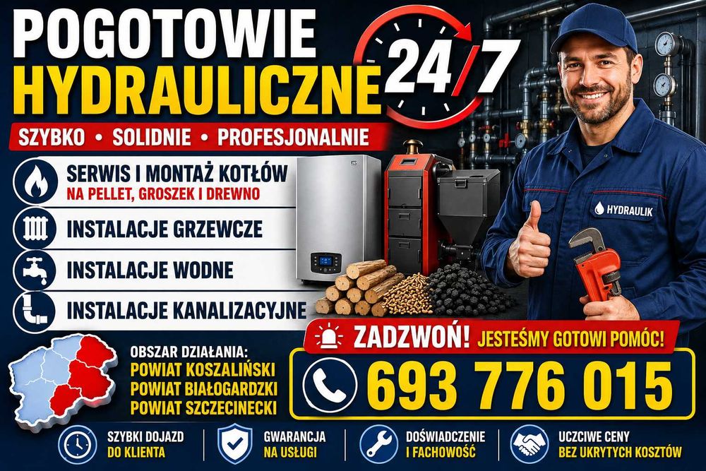 Hydraulik, pogotowie hydrauliczne, instalacje wodne CO CWU, hydrofory