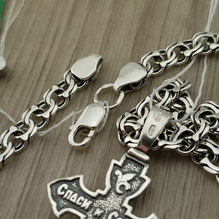 Чоловіча срібна цепочка з хрестиком з жорстким вушком ланцюжок Бісмарк