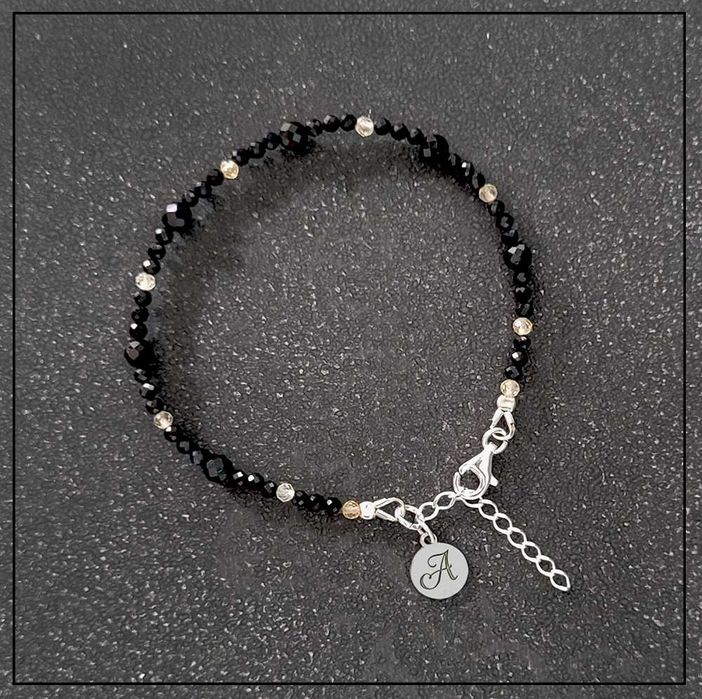 Bransoletka SPOKÓJ z turmalinu i cytrynu z literką – Srebro 925