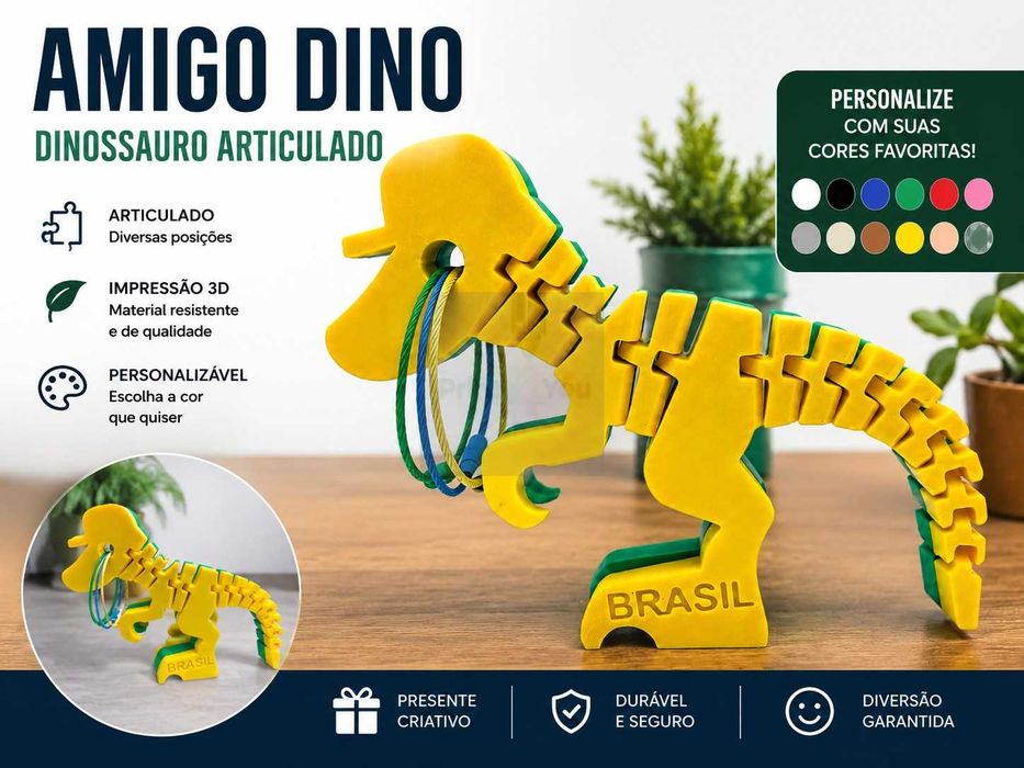 Dinossauro Articulado Amigo Dino Impresso em 3D Personalizável