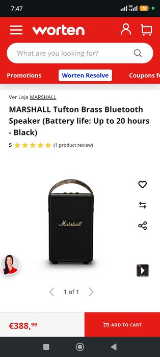 Coluna Bluetooth MARSHALL Tufton Brass (Autonomia: Até 20 horas - Preto)