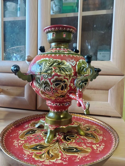 Продам електричний самовар з підносом — мідний, з ручним розписом