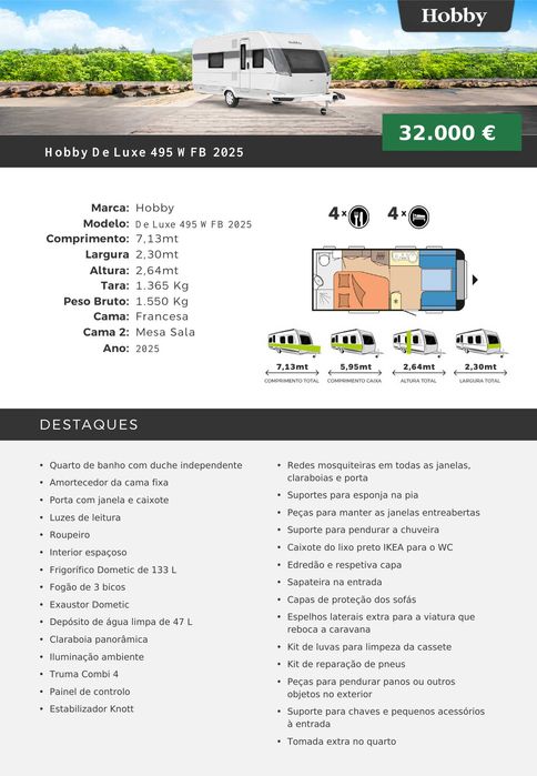 Caravana Hobby De Luxe 495 WFB 2025 (Excelente estado/Como nova)