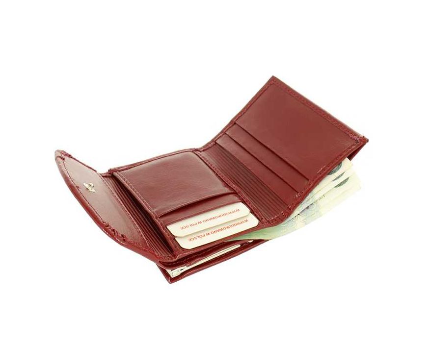 Damska portmonetka skórzana mały portfel damski wiśniowy PL