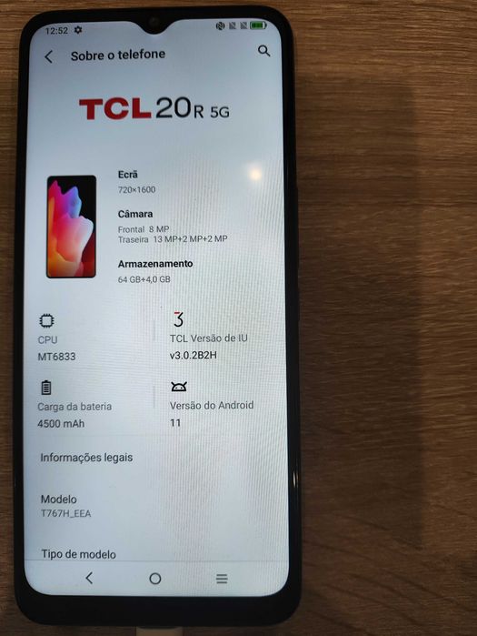 Telemóvel 5G NOVO TCL 20R 4Gb RAM 64Armazenamento Fatura de 23 Outubro