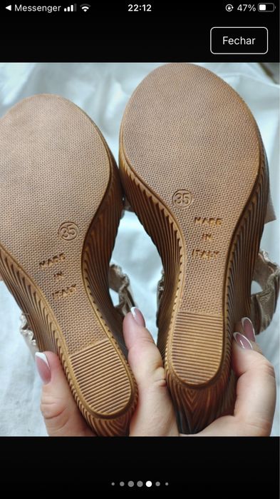 Sandálias de cunha, beje/castanho, em pele, usadas 1 vez, tamanho 35