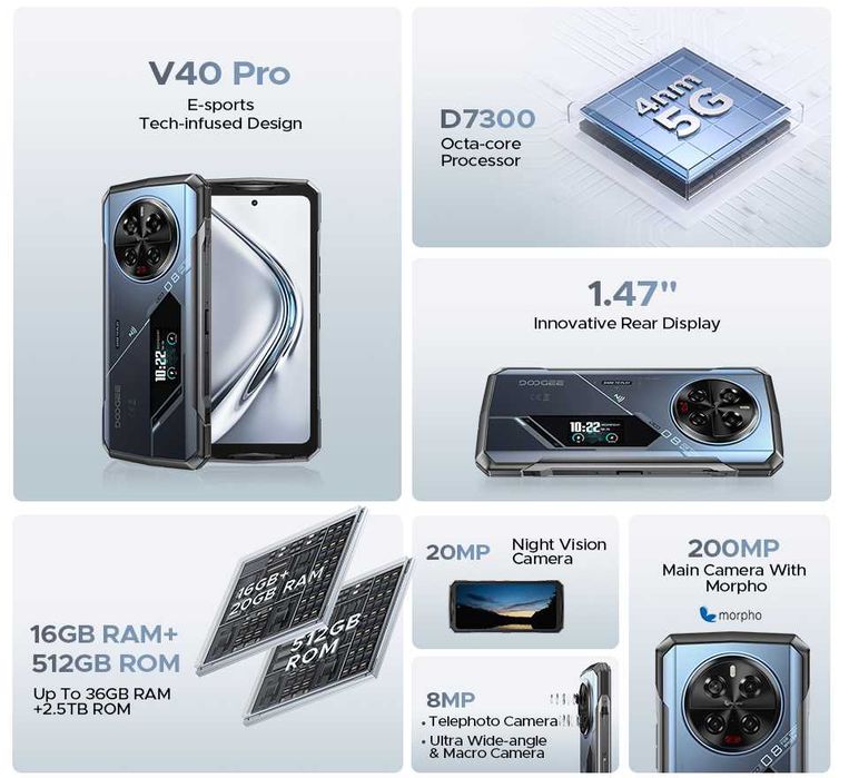DOOGEE V40 Pro 36/512Gb, 200/20NV/8/8/32Mp, Dimensity 7300, 8680мАч