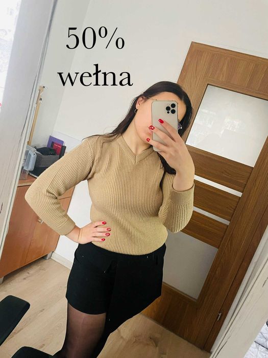 Beżowy brązowy prążkowany sweter na jesień 50% wełna