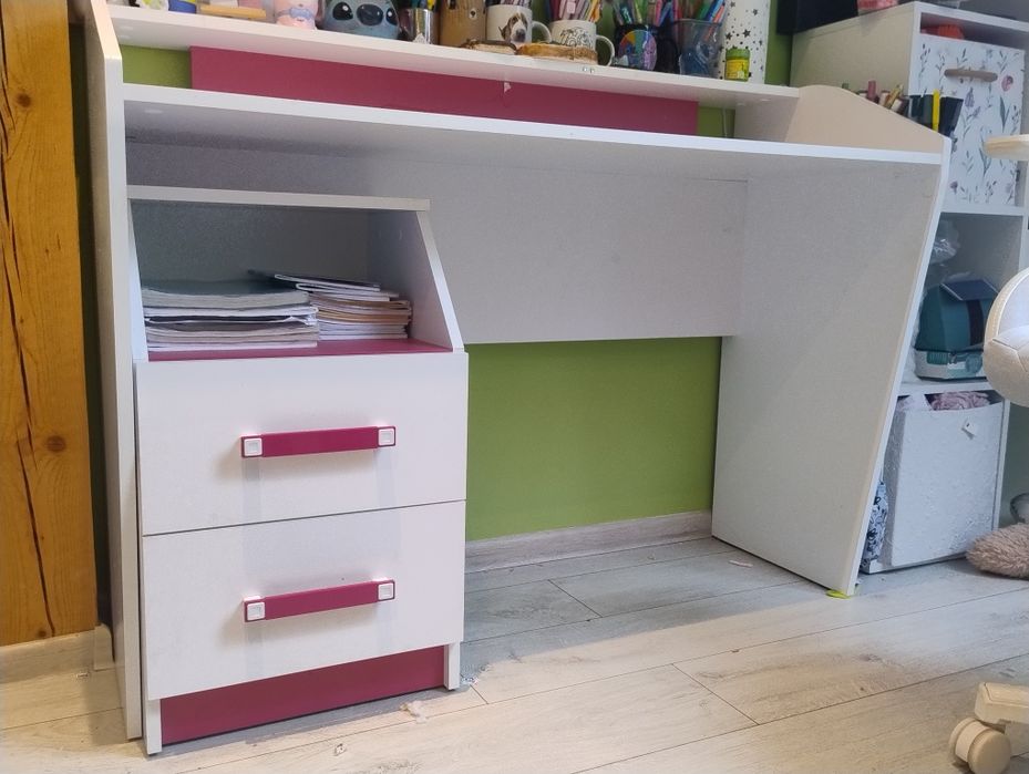 Meble dziecięce Meble Tofiko – biało-różowe – szafa + komoda + biurko + szfka pod biurko