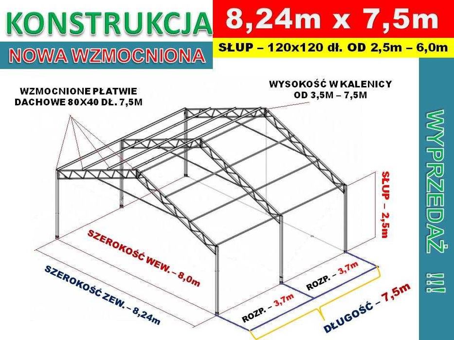 Konstrukcja 8,24x7,5 ocynkowana magazyn hala wiata garaż warsztat