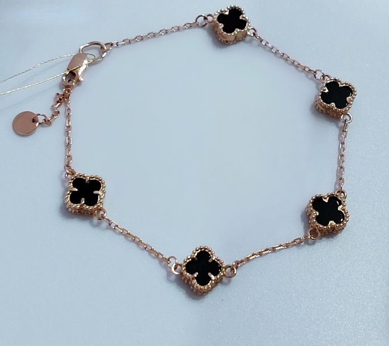 Золотий браслет "Конюшина" з оніксом в стилі Ван Кліф 585 проба новий