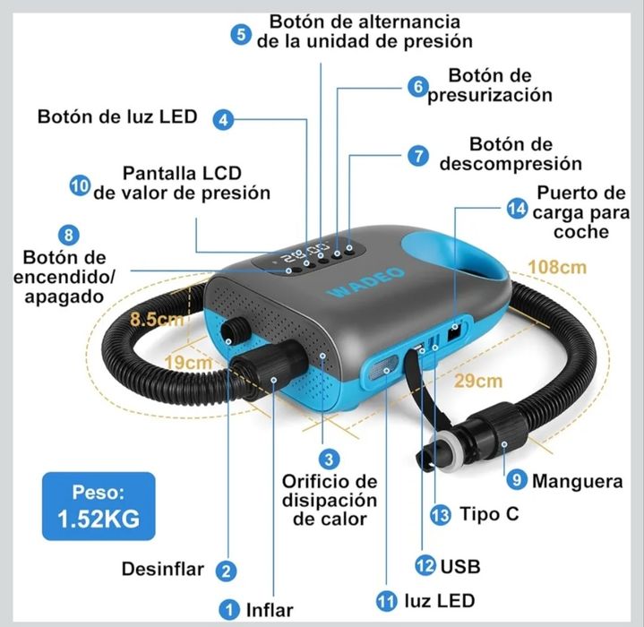 Bomba elétrica recarregável SUP WADEO NOVA 20 psi