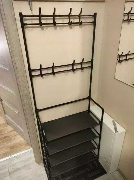 Wieszak Stojący z Półką na Ubrania i Buty Czarny Metalowy Organizer