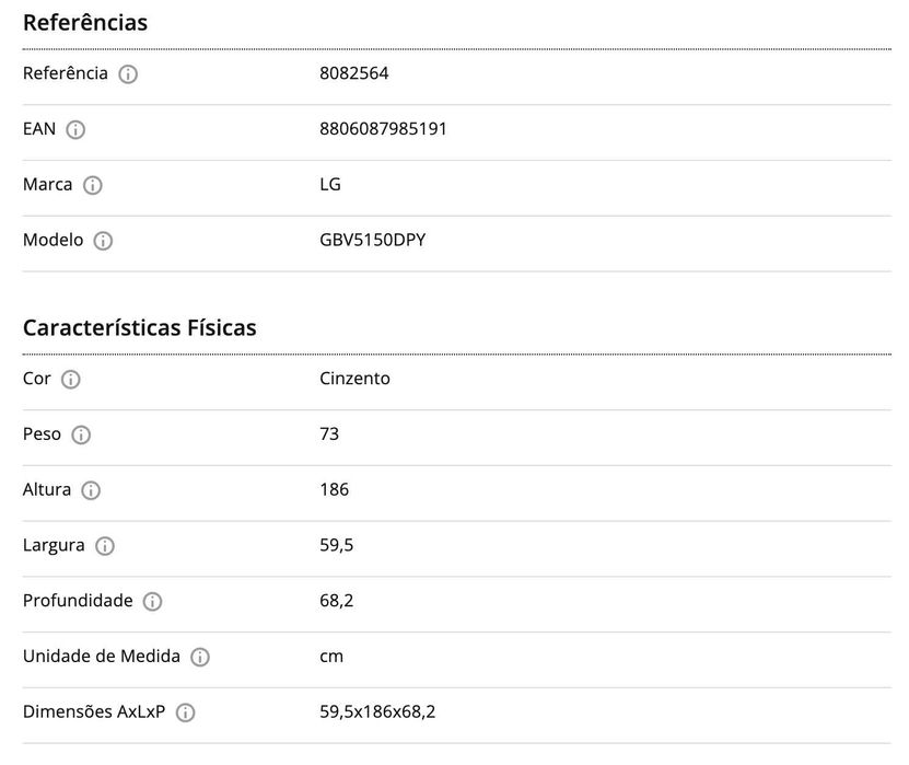 Frigorífico Combinado LG (GBV5150DPY - 186CM - 344L - cinzento)