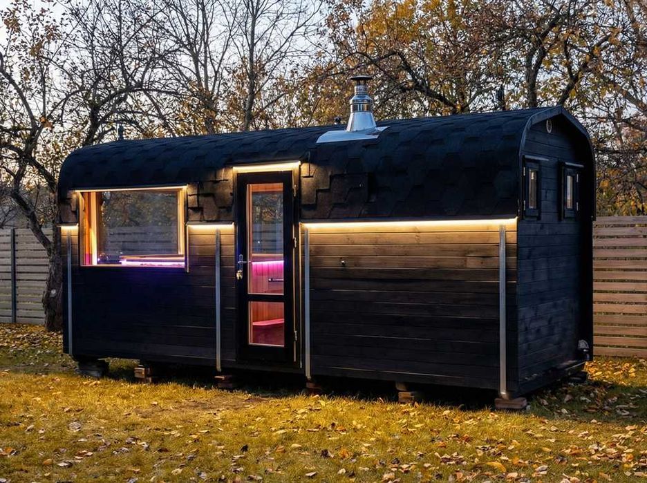 SAUNA Ogrodowa Beczka 5m +GRATISY: Balia do schłodzenia+LED - z piecem