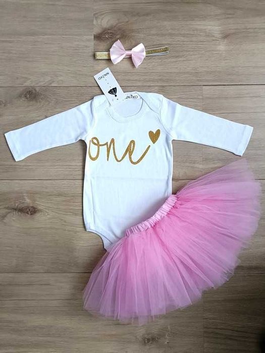 Nowy Komplet zestaw na roczek  spódniczka / body / opaska / rozm 74/80