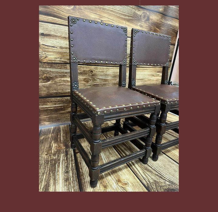 antyczne krzesła, ciężkie, drewniane, solidne, obite naturalną skórą