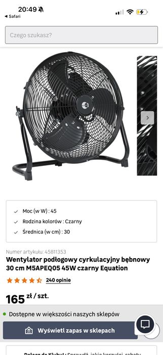 Wentylator podłogowy cyrkulacyjny bębnowy 30 cm  45W czarny Equation
