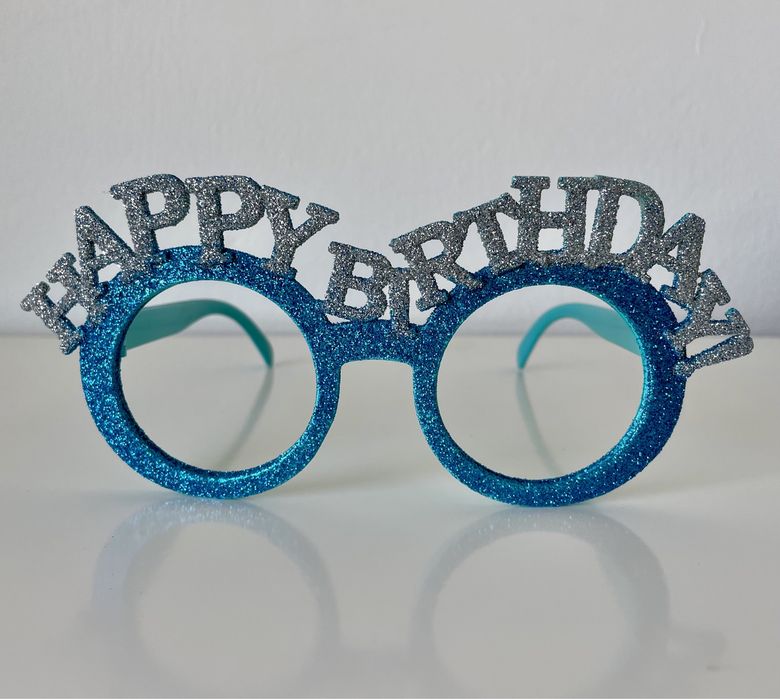 Óculos divertidos Happy Birthday Azul Glitter