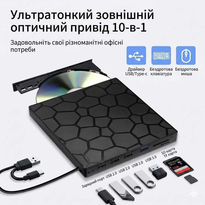 Зовнішній CD/DVD RW дисковод з USB хабом 10 в 1 USB 3.0 Type-C привід оптичний з кардрідером Micro SD для ноутбука та макбуку