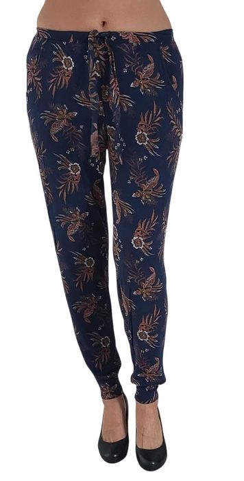 Granatowe spodnie z wiskozy w brązowe kwiaty, R. S/M/L