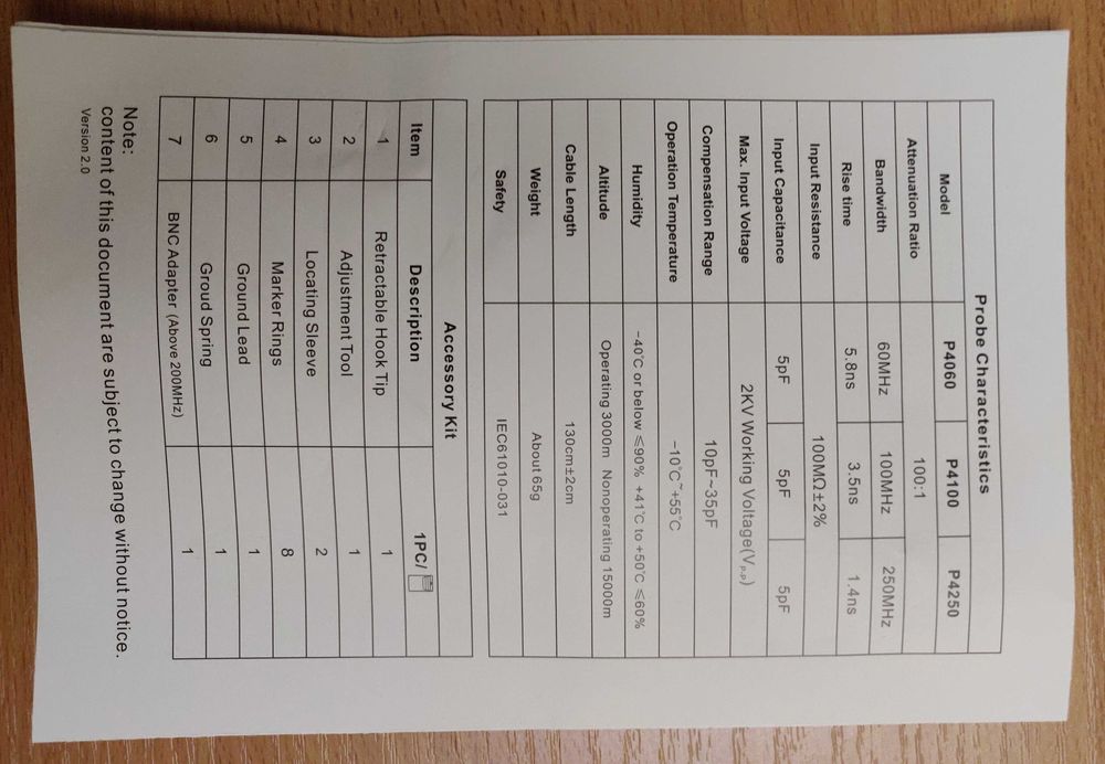 Высококачественный щуп P4250 к осциллографу 250MHz, 2 kV, 1:100