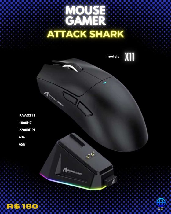 Rato (mouse)  Gamer Attack Shark X11 (selado) com Dock de carregamento