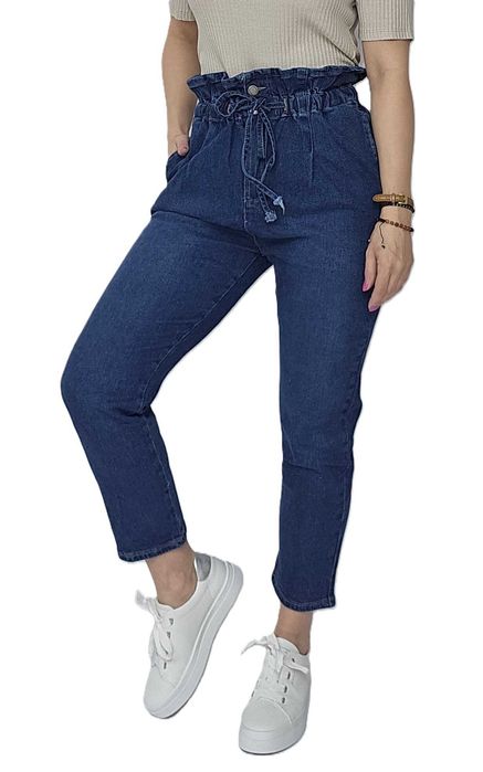 Spodnie damskie jeansy elastyczne wysoki stan mom fit boyfriend XS