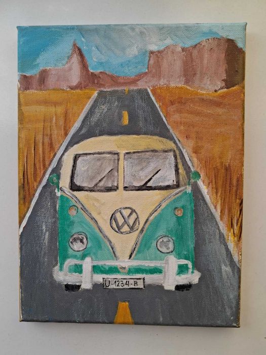 Autobus, ogórek, Volkswagen, obraz, akryl 18cmx24cm