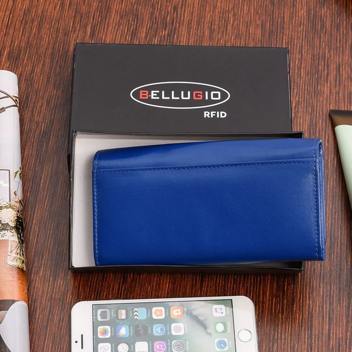 Pojemny portfel damski skórzany niebieski z pudełkiem prezent skóry